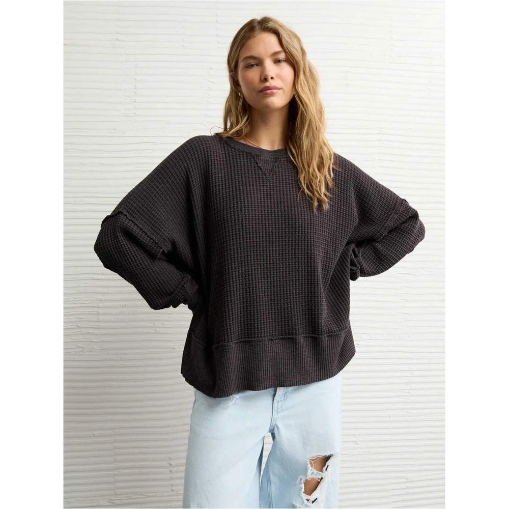 Zara Black Ribbed Knit Cotton Blend Crew Neck Sweater Size Large 0458/401